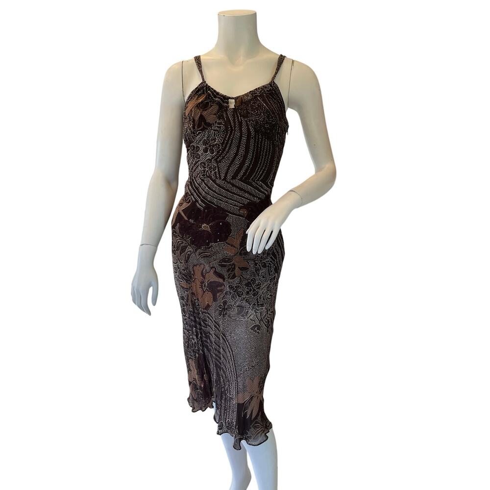 Eva Blue Brown Floral Beaded Handkerchief Hem Midi Dress Rayon Size 6 Boho